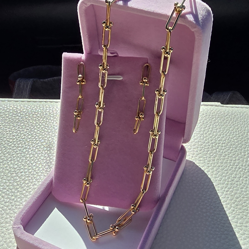 18K Real Gold Hardware Style Necklace and Earring Set